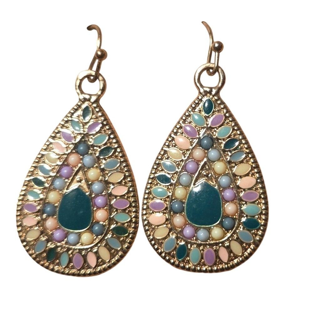 Gold Tone Multi Color Enamel Teardrop Mosaic Boho Dangle Earrings